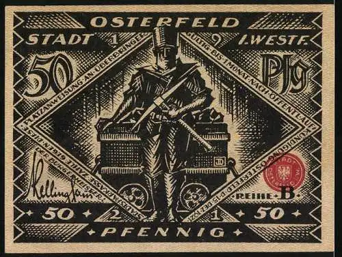 Notgeld Osterfeld, 1921, 50 Pfennig, Industriearbeiter mit Schubkarre und Stadtansicht im Hintergrund