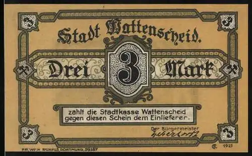 Notgeld Wattenscheid, 1921, 3 Mark, Stadt Wattenscheid mit Bergwerkszene und Zeche Centrum 1 /3