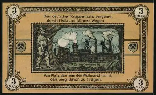 Notgeld Wattenscheid, 1921, 3 Mark, Stadt Wattenscheid mit Bergwerkszene und Zeche Centrum 1 /3