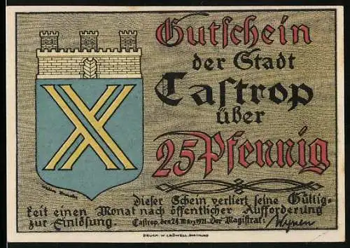 Notgeld Castrop, 25 Pfennig, Gutschein der Stadt mit Bergmann und Kohlewagen