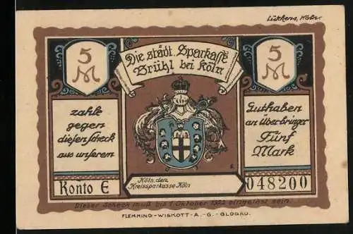 Notgeld Brühl bei Köln, 1921, 5 Mark, Konto E, Stadtwappen und Bergbau-Szenen