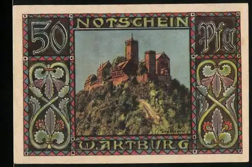 Notgeld Eisenach, 50 Pfennig, Darstellung der Wartburg und das menschliche Leben in Tiergestalt