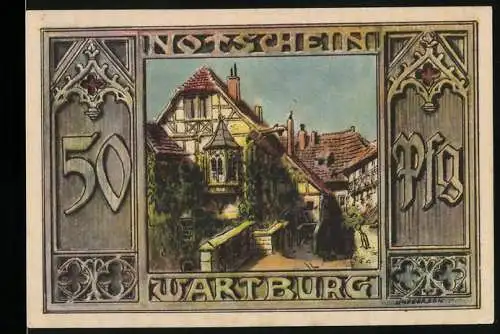 Notgeld Eisenach, 50 Pfennig, künstlerische Darstellung und humoristische Tiergestalten des weiblichen Geschlechts