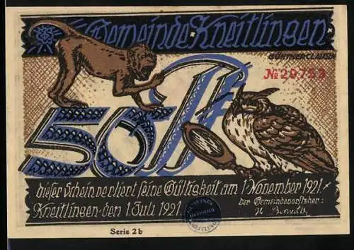 Notgeld Kneitlingen 1921, 50 Pf, Serie 2b, Motiv mit Löwe und Eule, Rückseite mit Szene aus einem Schloss