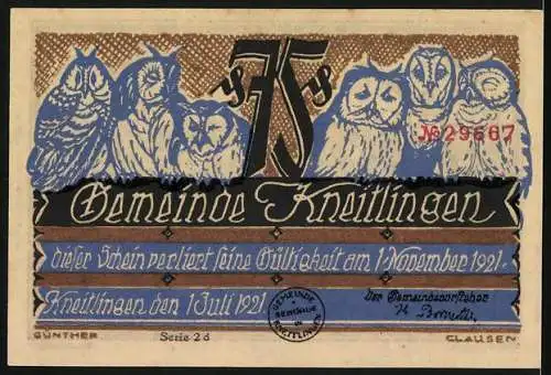 Notgeld Kneitlingen 1921, 75 Pfennig, Till Eulenspiegel unter einem Apfelbaum und Eulen auf der Rückseite