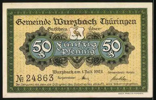 Notgeld Wurzbach 1921, 50 Pfennig, Dachschieferbruch Kosselstein und Wappen mit Bergarbeiterwerkzeugen