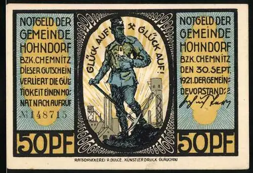 Notgeld Hohndorf 1921, 50 Pf, Bergmann mit Grubenlampe und Bergbausiedlung Glückauf