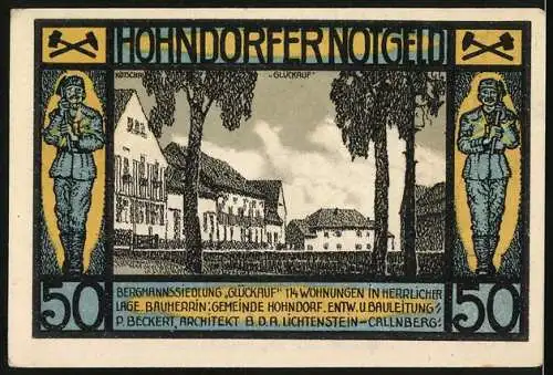 Notgeld Hohndorf 1921, 50 Pf, Bergmann mit Grubenlampe und Bergbausiedlung Glückauf