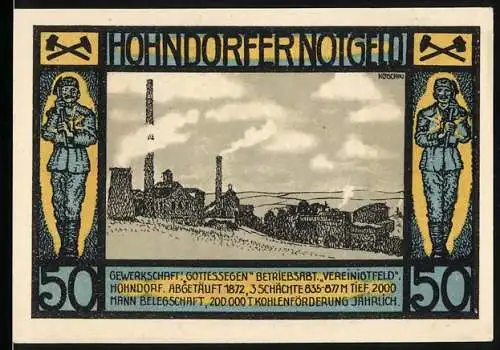 Notgeld Hohndorf, 1921, 50 Pf, Bergmann mit Grubenlampe und Schachtanlagen, historischer Rückblick auf Bergbau