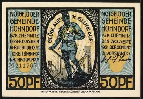 Notgeld Hohndorf, 1921, 50 Pf, Bergmann mit Grubenlampe und Schachtanlagen, historischer Rückblick auf Bergbau