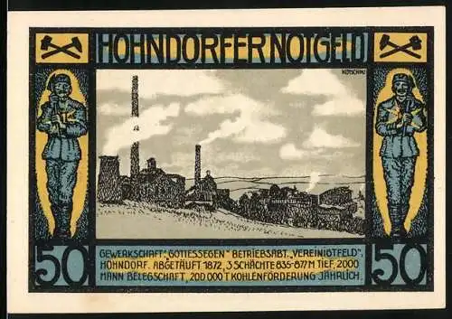 Notgeld Hohndorf, 1921, 50 Pf, Bergwerksszene und Bergmann mit Schriftzug Glück Auf!