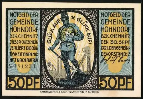 Notgeld Hohndorf, 1921, 50 Pf, Bergwerksszene und Bergmann mit Schriftzug Glück Auf!