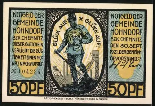 Notgeld Hohndorf, 1921, 50 Pf, Kirche zu Hohndorf (Bez. Chemnitz) und Bergmann mit Glück Auf-Schriftzug