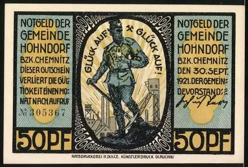 Notgeld Hohndorf, 1921, 50 Pf, Bergleute im Bergwerk und Bergmann mit Grubenlampe