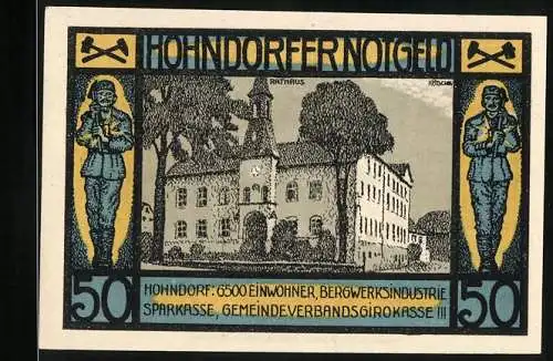 Notgeld Hohndorf, 1921, 50 Pfennig, Rathaus und Bergarbeiter-Illustration