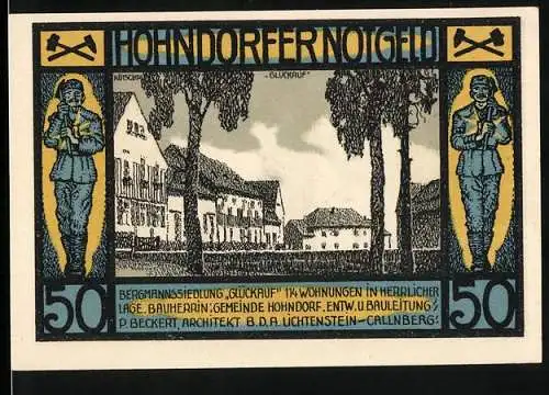 Notgeld Hohndorf, 1921, 50 Pfennig, Bergmannssiedlung und Bergmann mit Schachtanlagen