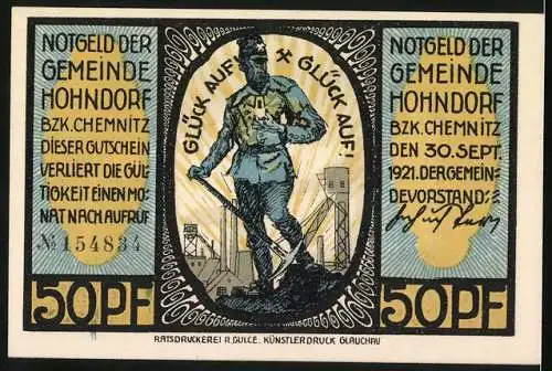 Notgeld Hohndorf, 1921, 50 Pfennig, Bergmannssiedlung und Bergmann mit Schachtanlagen