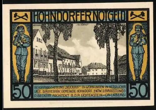 Notgeld Hohndorf, 1921, 50 Pfennig, Bergmannssiedlung und Bergarbeiterabbildung