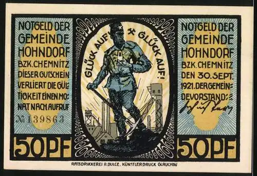 Notgeld Hohndorf, 1921, 50 Pfennig, Bergmannssiedlung und Bergarbeiterabbildung