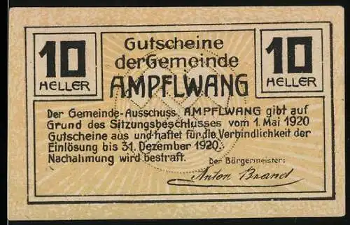 Notgeld Ampflwang, 1920, 10 Heller, Vorderseite mit Text und Rückseite mit Bergwerksmotiv Glück-Auf