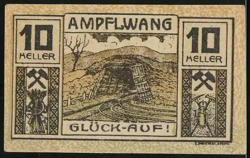 Notgeld Ampflwang, 1920, 10 Heller, Vorderseite mit Text und Rückseite mit Bergwerksmotiv Glück-Auf