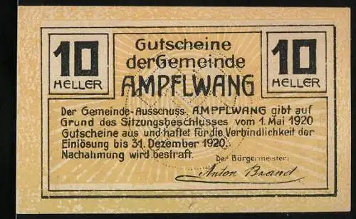 Notgeld Ampflwang, 1920, 10 Heller, Vorderseite Text und Rückseite Bergwerksmotiv mit Glück-Auf!