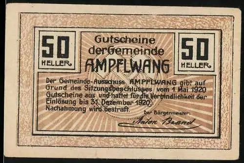 Notgeld Ampflwang, 1920, 50 Heller, Gutscheine der Gemeinde, Landschaft und Symbole