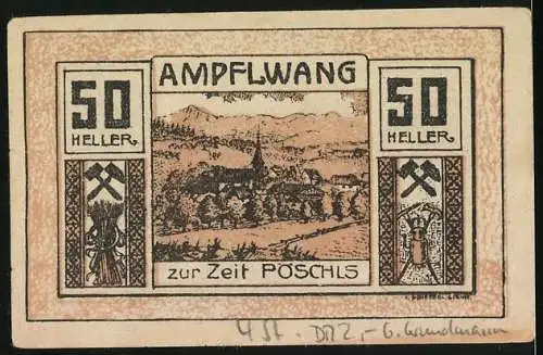 Notgeld Ampflwang, 1920, 50 Heller, Gutscheine der Gemeinde, Landschaft und Symbole