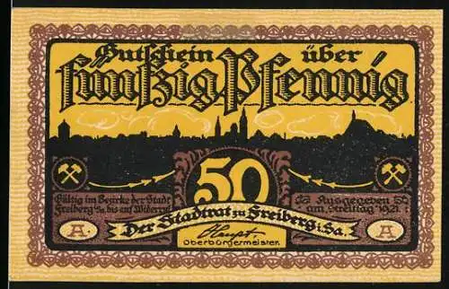 Notgeld Freiberg 1921, 50 Pfennig, Stadtansicht und Bergmannsmotive