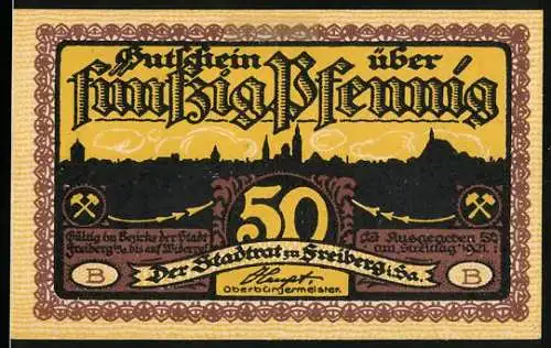 Notgeld Freiberg, 1921, 50 Pfennig, Gutschein über fünfzig Pfennig der Stadt Freiberg, Stadtansicht und Bergbau-Szenen