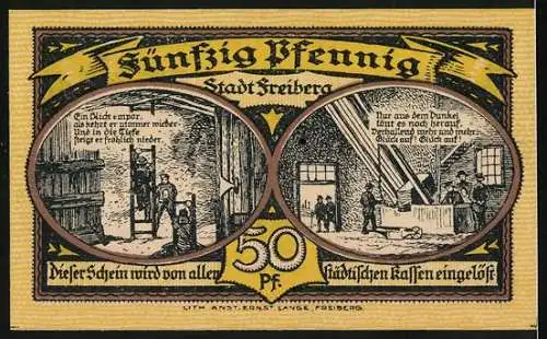 Notgeld Freiberg, 1921, 50 Pfennig, Gutschein über fünfzig Pfennig der Stadt Freiberg, Stadtansicht und Bergbau-Szenen