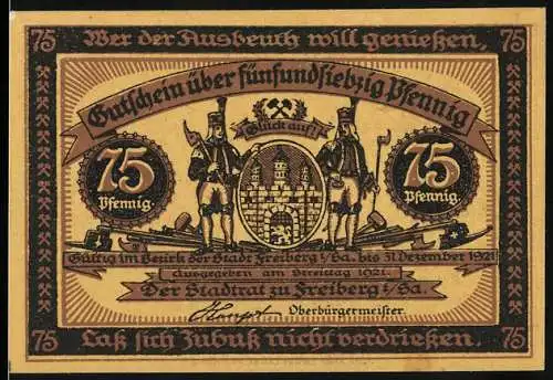 Notgeld Freiberg 1921, 75 Pfennig, Gutschein mit Bergbau-Symbolen und Tanzszene