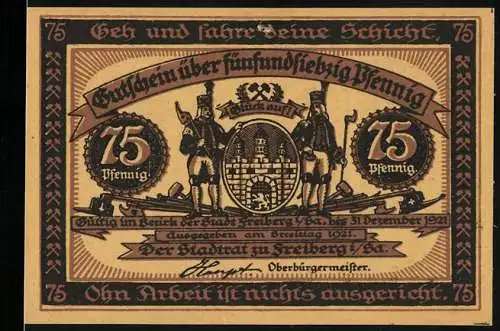 Notgeld Freiberg 1921, 75 Pfennig, Stadtwappen und Bergleute, letzte Schicht und Heimkehr der Bergleute