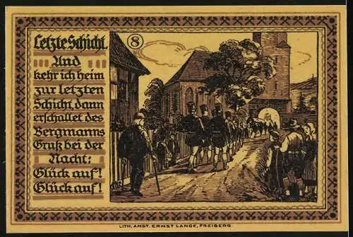 Notgeld Freiberg 1921, 75 Pfennig, Stadtwappen und Bergleute, letzte Schicht und Heimkehr der Bergleute