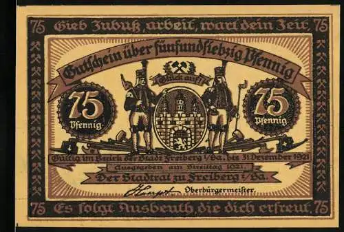 Notgeld Freiberg 1921, 75 Pfennig, Stadtwappen und Bergleute, Rückseite Hüttenleute bei der Arbeit