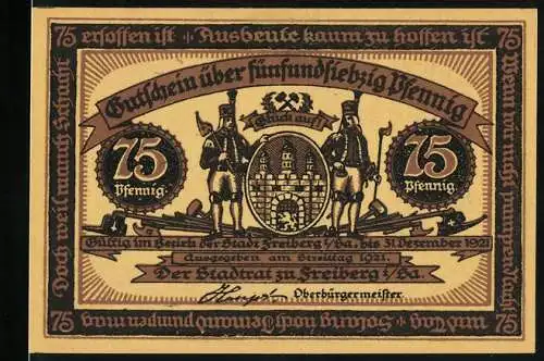 Notgeld Freiberg 1921, 75 Pfennig, mit Bergleuten und Stadtwappen