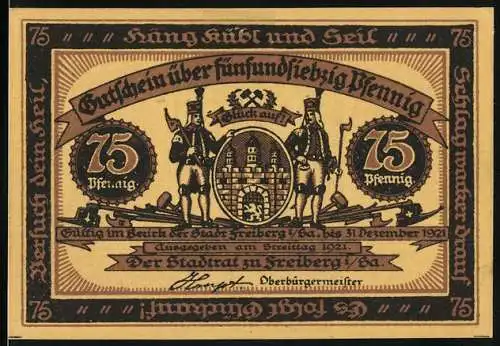 Notgeld Freiberg 1921, 75 Pfennig, Bergmänner und Stadtwappen, Bergwerkszene und Text Einfahrt