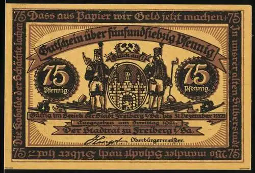 Notgeld Freiberg 1921, 75 Pfennig, Bergleute im Bergwerk und Stadtwappen