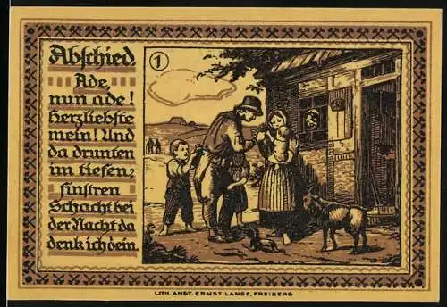 Notgeld Freiberg 1921, 75 Pfennig, Abschiedsszene vor Haus mit Familie und Ziegen, Stadtwappen mit Soldaten und Schrift