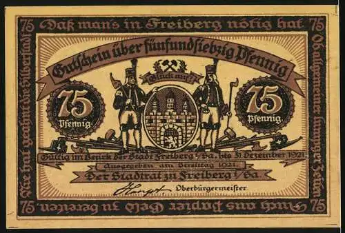 Notgeld Freiberg 1921, 75 Pfennig, Abschiedsszene vor Haus mit Familie und Ziegen, Stadtwappen mit Soldaten und Schrift