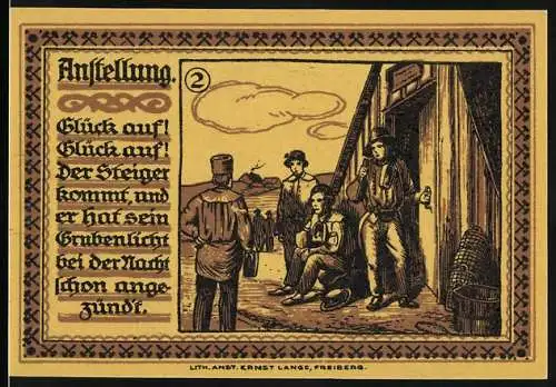 Notgeld Freiberg, 1921, 75 Pfennig, Bergarbeiter bei der Arbeit und Stadtwappen mit Bergleuten