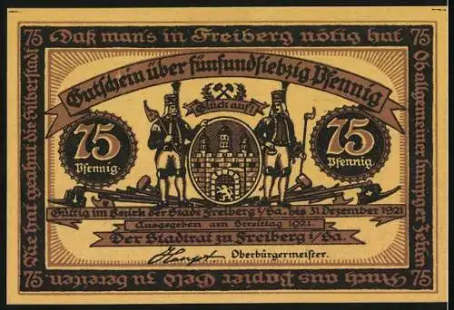 Notgeld Freiberg, 1921, 75 Pfennig, Bergarbeiter bei der Arbeit und Stadtwappen mit Bergleuten