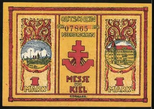 Notgeld Kiel 1920, 1 Mark, Nordische Messe mit Industrie- und Stadtmotiven