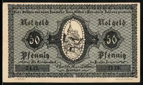 Notgeld Zeven, 1920, 50 Pfennig, Landschaft mit Turm und Felder, schwarz-weiss Design