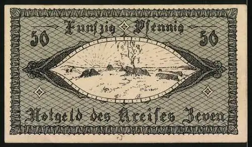 Notgeld Zeven, 1920, 50 Pfennig, Landschaft mit Turm und Felder, schwarz-weiss Design