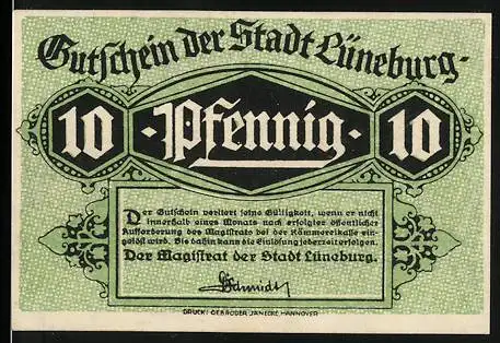 Notgeld Lüneburg, 10 Pfennig, Der alte Kran und historisches Gebäude