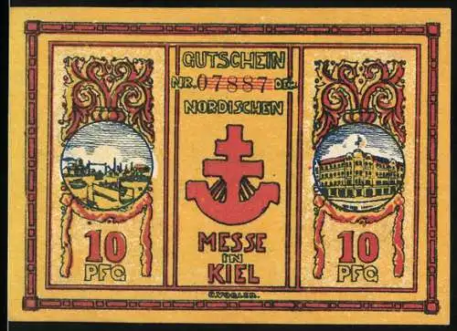 Notgeld Kiel, 1921, 10 Pfennig, Messe in Kiel mit Stadtansicht und Gebäude, rote Greifen auf der Rückseite