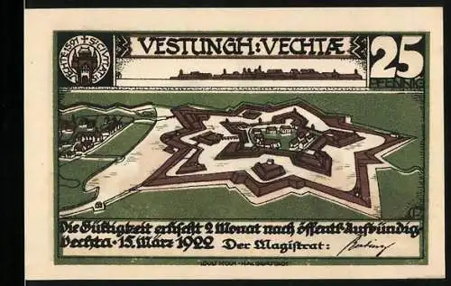 Notgeld Vechta 1922, 25 Pfennig, Festung Vechta und Silhouetten von Soldaten und Reitern