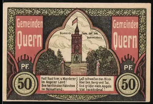 Notgeld Quern, 1921, 50 Pfennig, Bismarckturm auf dem Schersberg und Schleswig-Holstein Tag am 26. Mai 1919