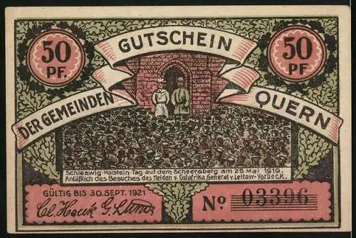 Notgeld Quern, 1921, 50 Pfennig, Bismarckturm auf dem Schersberg und Schleswig-Holstein Tag am 26. Mai 1919